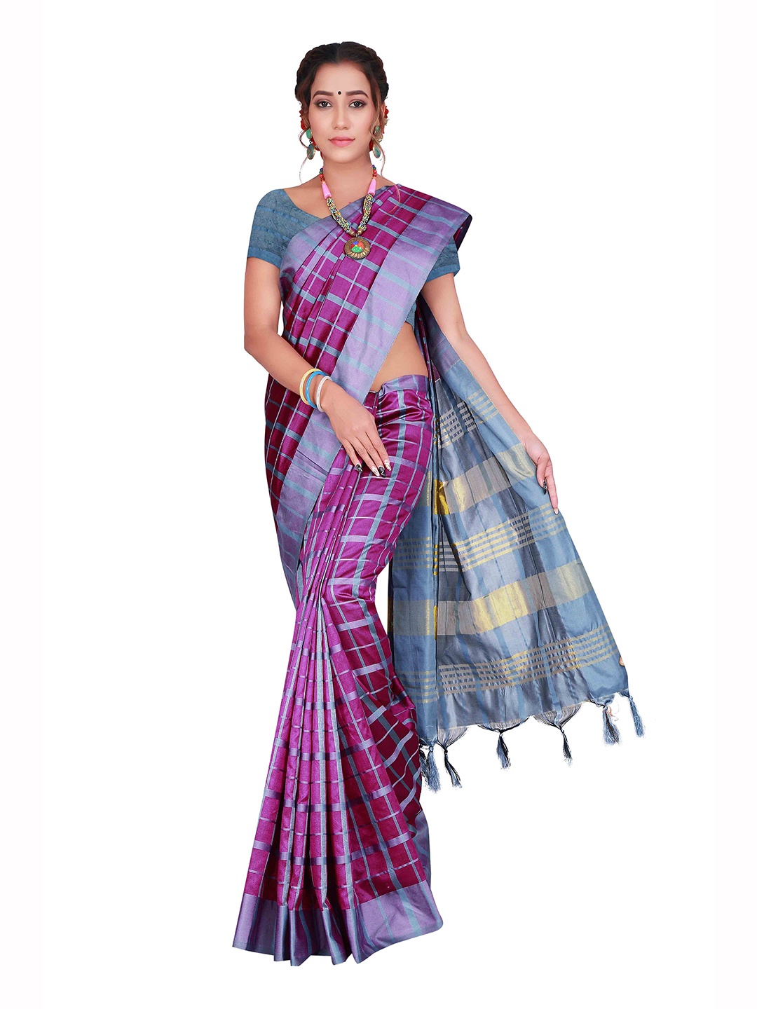 

SHAIBO SAREE Cotton Checked Saree, Purple