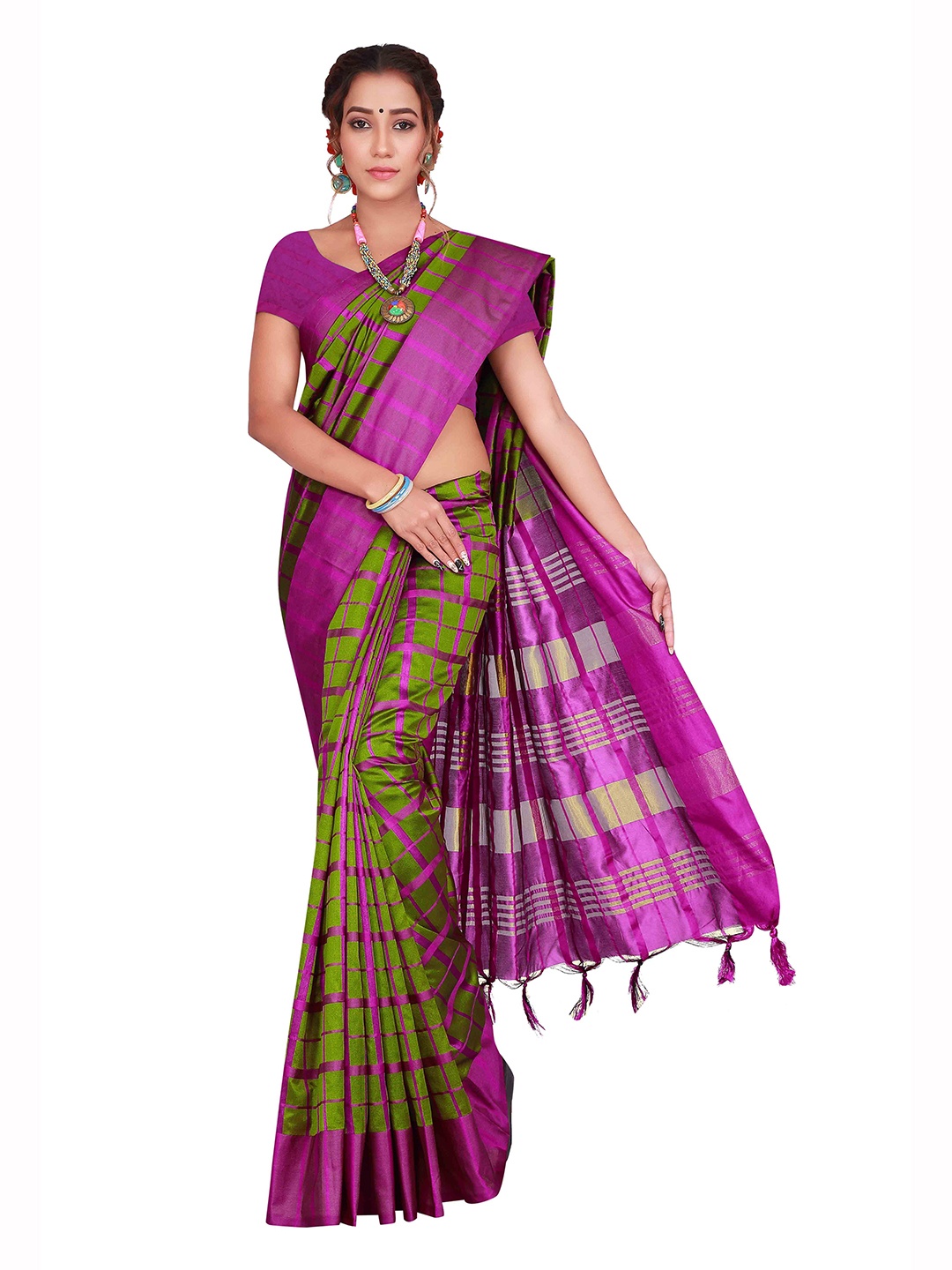 

SHAIBO SAREE Cotton Checked Saree, Green
