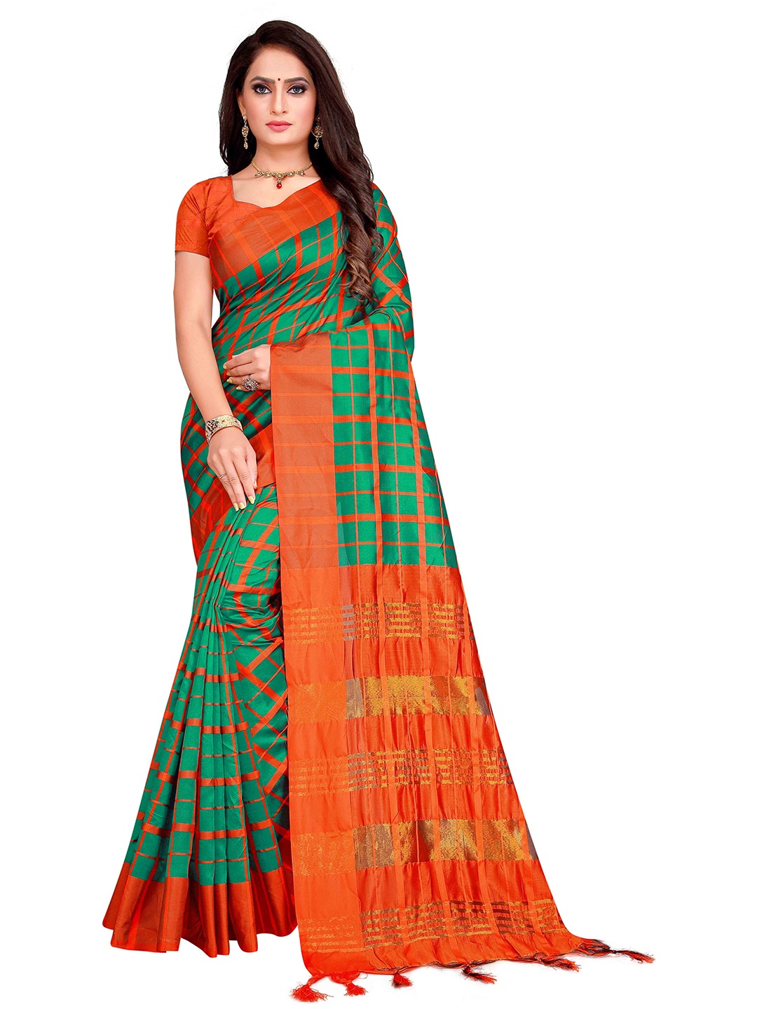 

SHAIBO SAREE Cotton Checked Saree, Orange