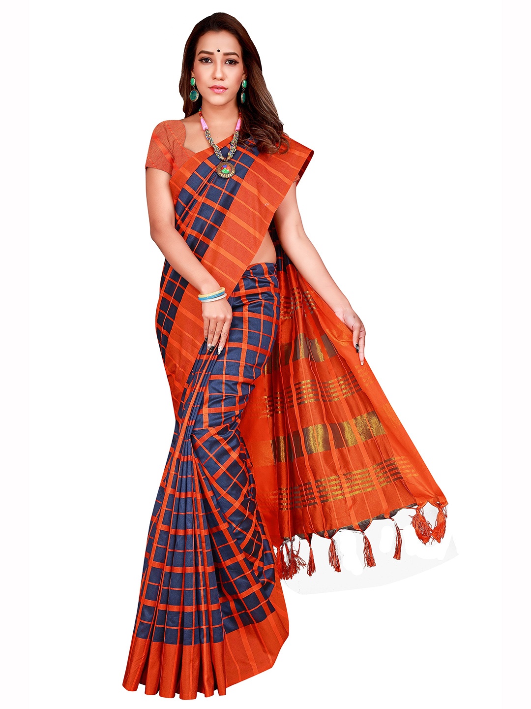

SHAIBO SAREE Cotton Checked Saree, Blue