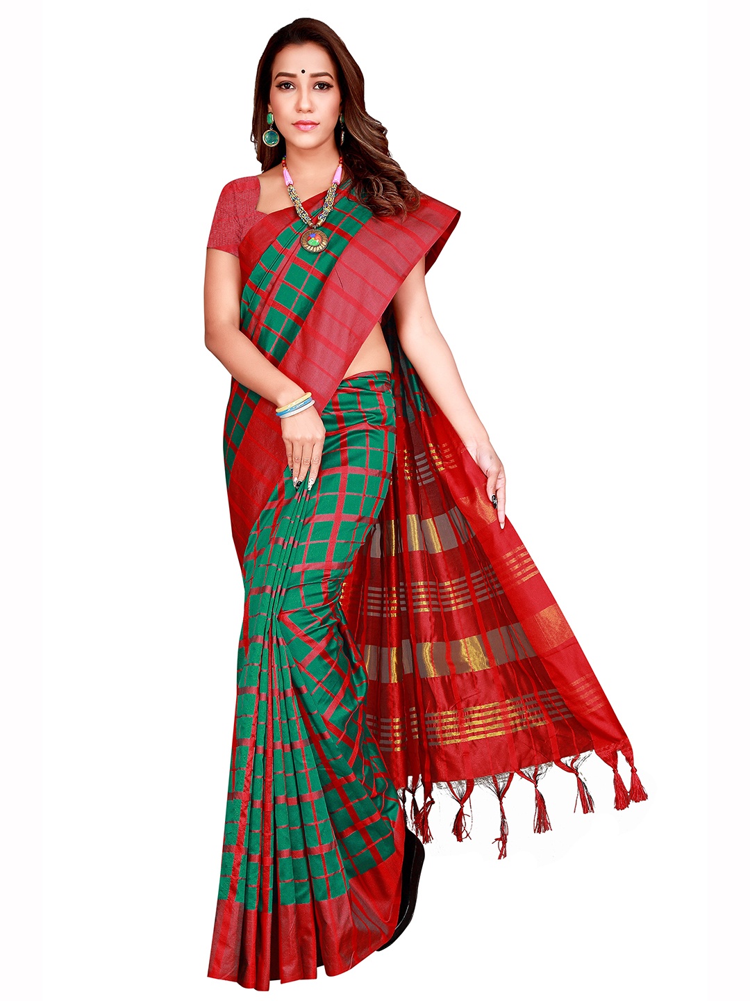 

SHAIBO SAREE Cotton Checked Saree, Green