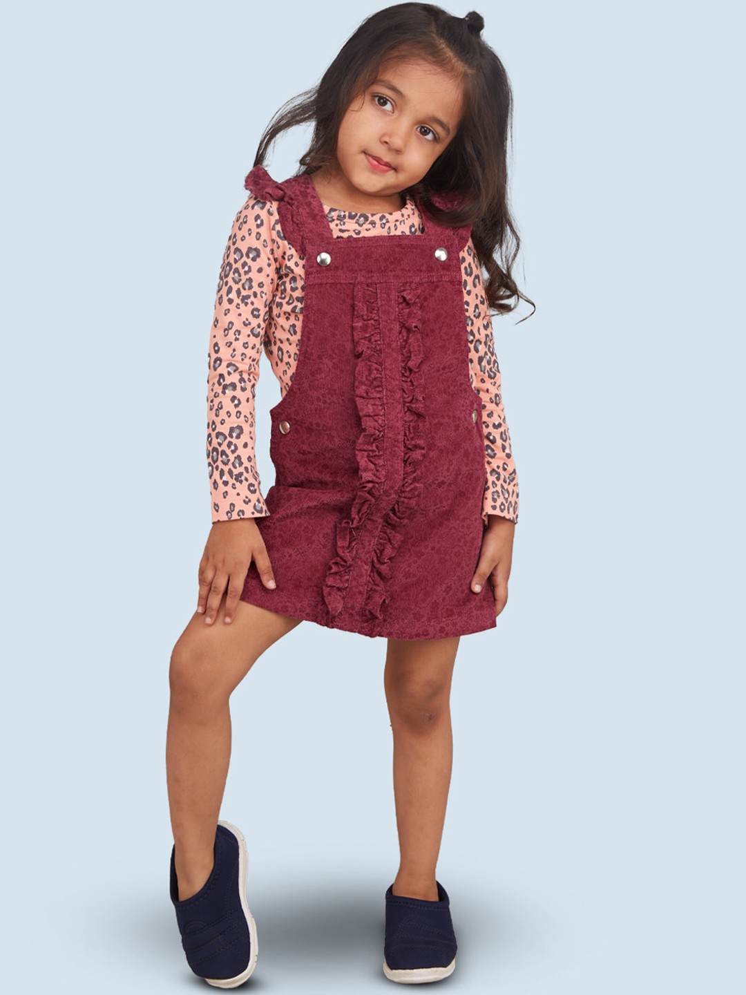 

Zalio Girls Cotton Dungarees With Animal Printed T-Shirt, Maroon