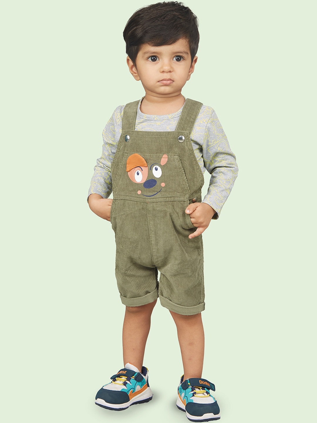 

Zalio Boys Printed Corduroy Dungarees With T-Shirt, Olive