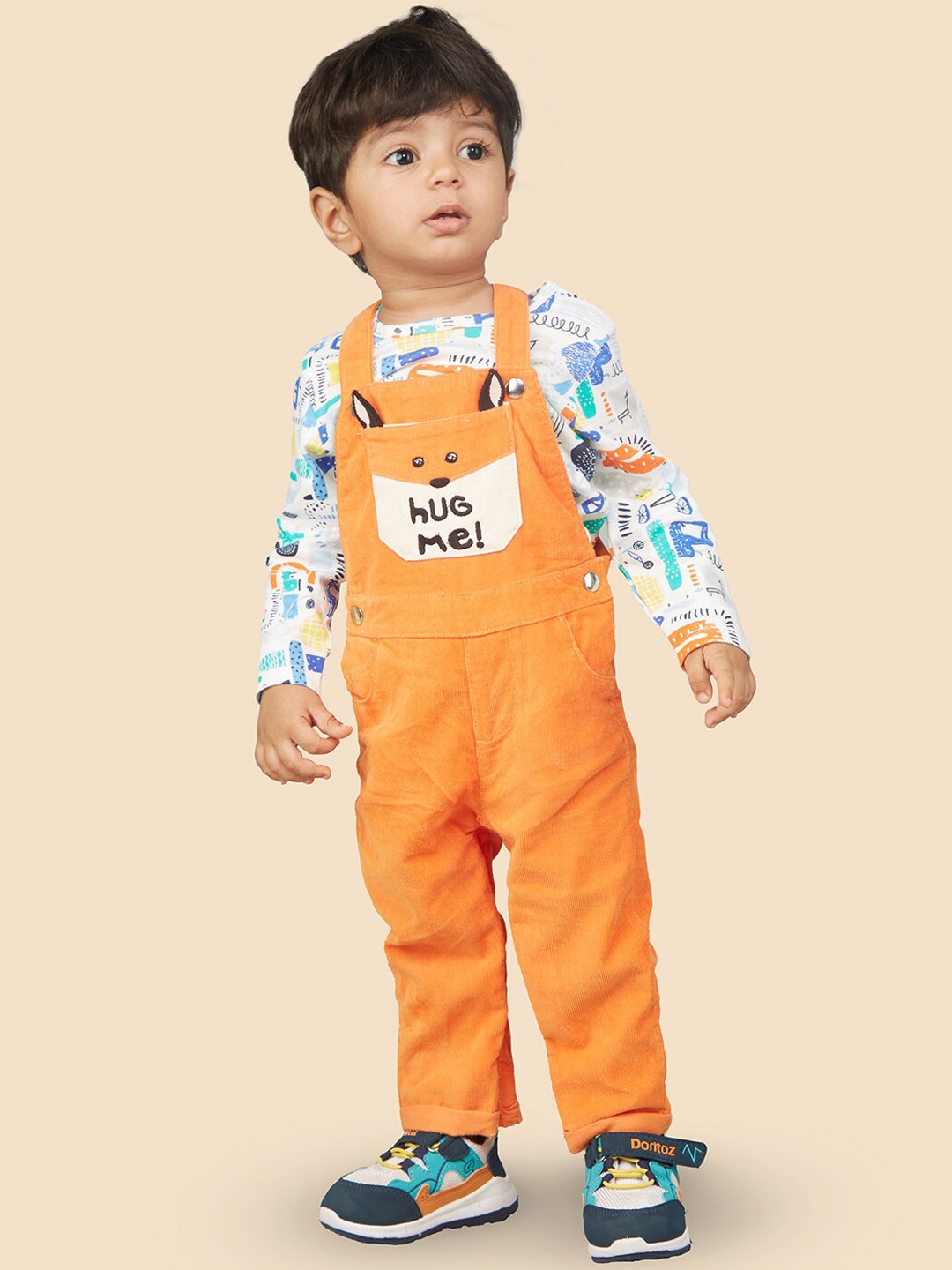 

Zalio Boys Cotton Corduroy Dungarees With Printed T-Shirt, Orange