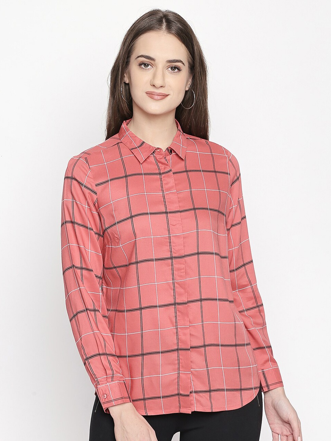 

Annabelle by Pantaloons Viscose Rayon Shirt Collar Checked Tunic, Rose