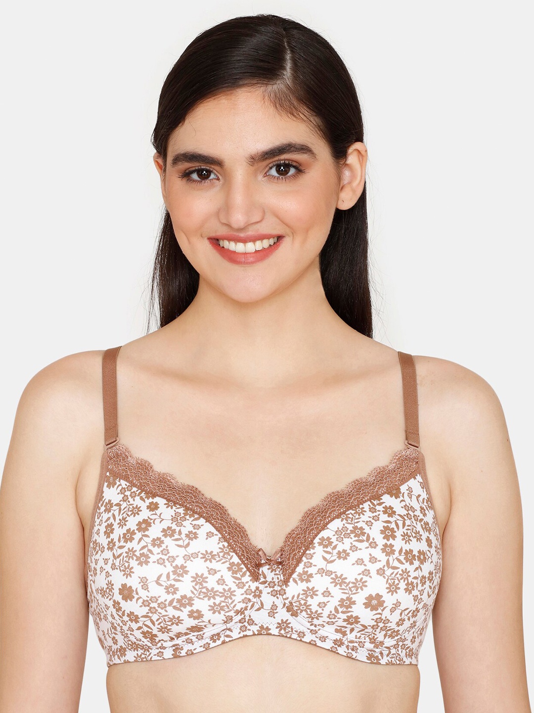 

Rosaline by Zivame White & Brown Floral Heavily Padded Bra