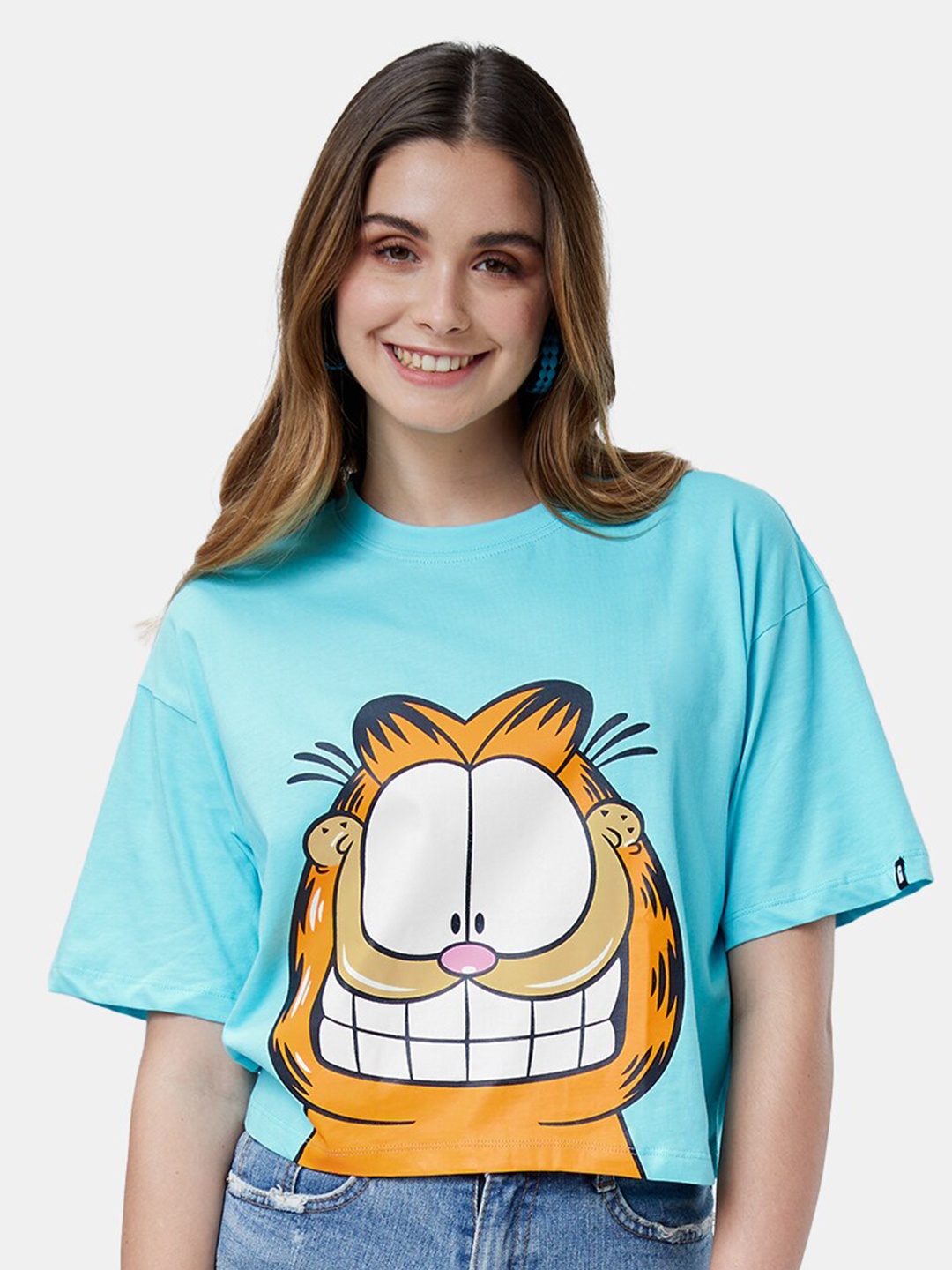 

The Souled Store Women Cotton Garfield Printed Oversized T-shirt, Blue