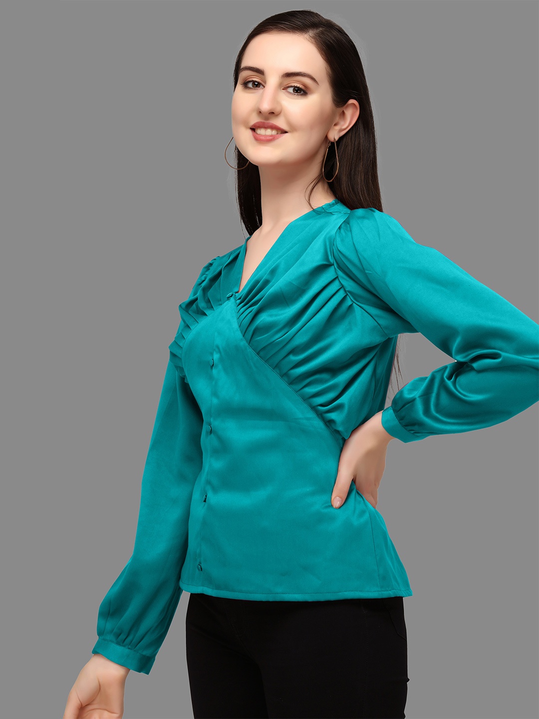 

Urban Luxe Women Satin Cuffed Sleeve Top, Teal