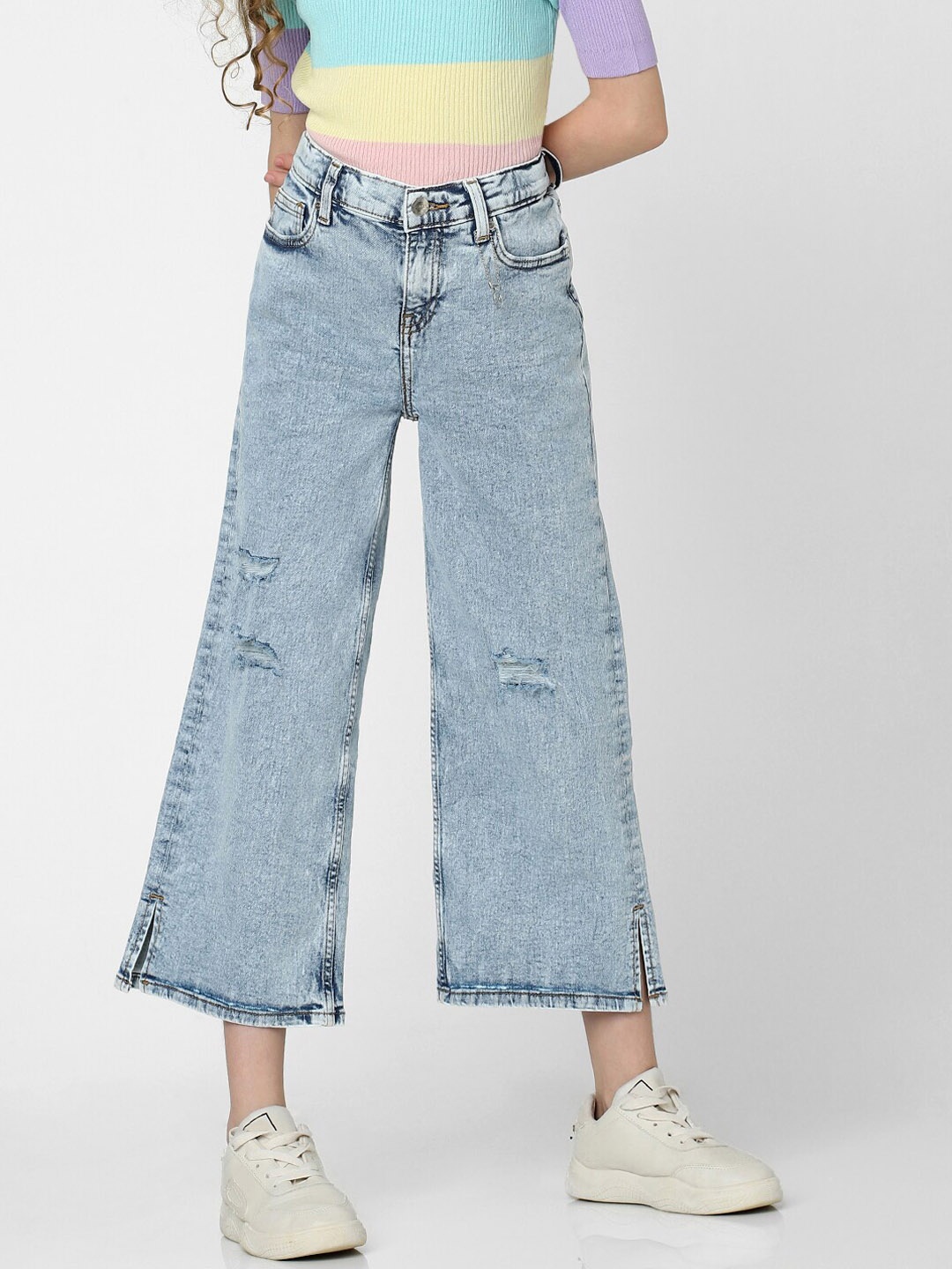 

KIDS ONLY Girls Flared High-Rise Mildly Distressed Stretchable Jeans, Blue