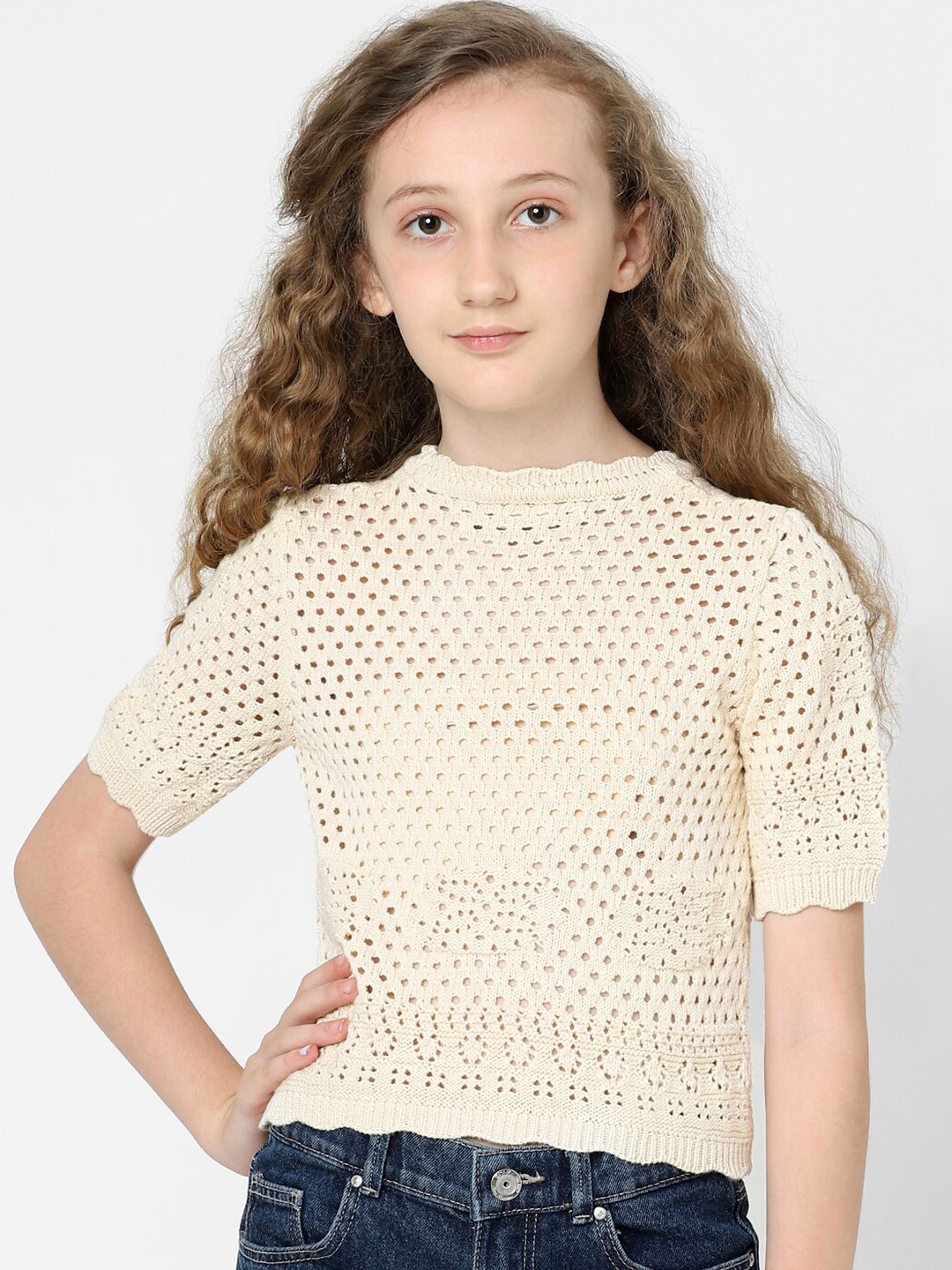 

KIDS ONLY Girls Round Neck Crochet Kogkathy Top, Beige