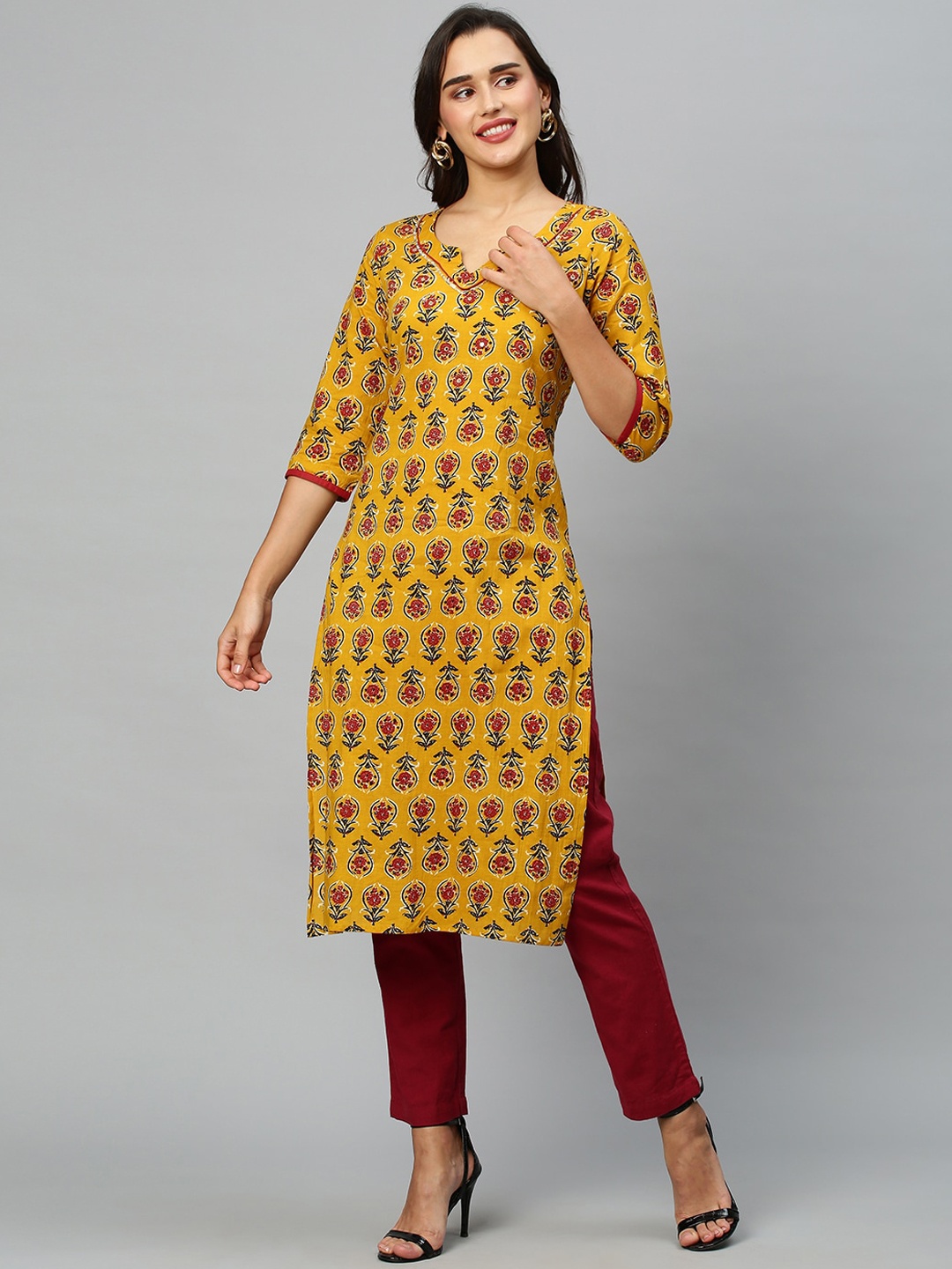 

INDYES Ethnic Motifs Printed Cotton Kurta, Yellow