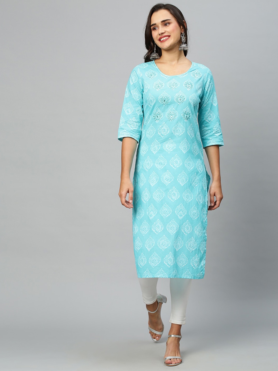 

INDYES Women Ethnic Motifs Printed Mirror Work Quirky Kurta, Turquoise blue