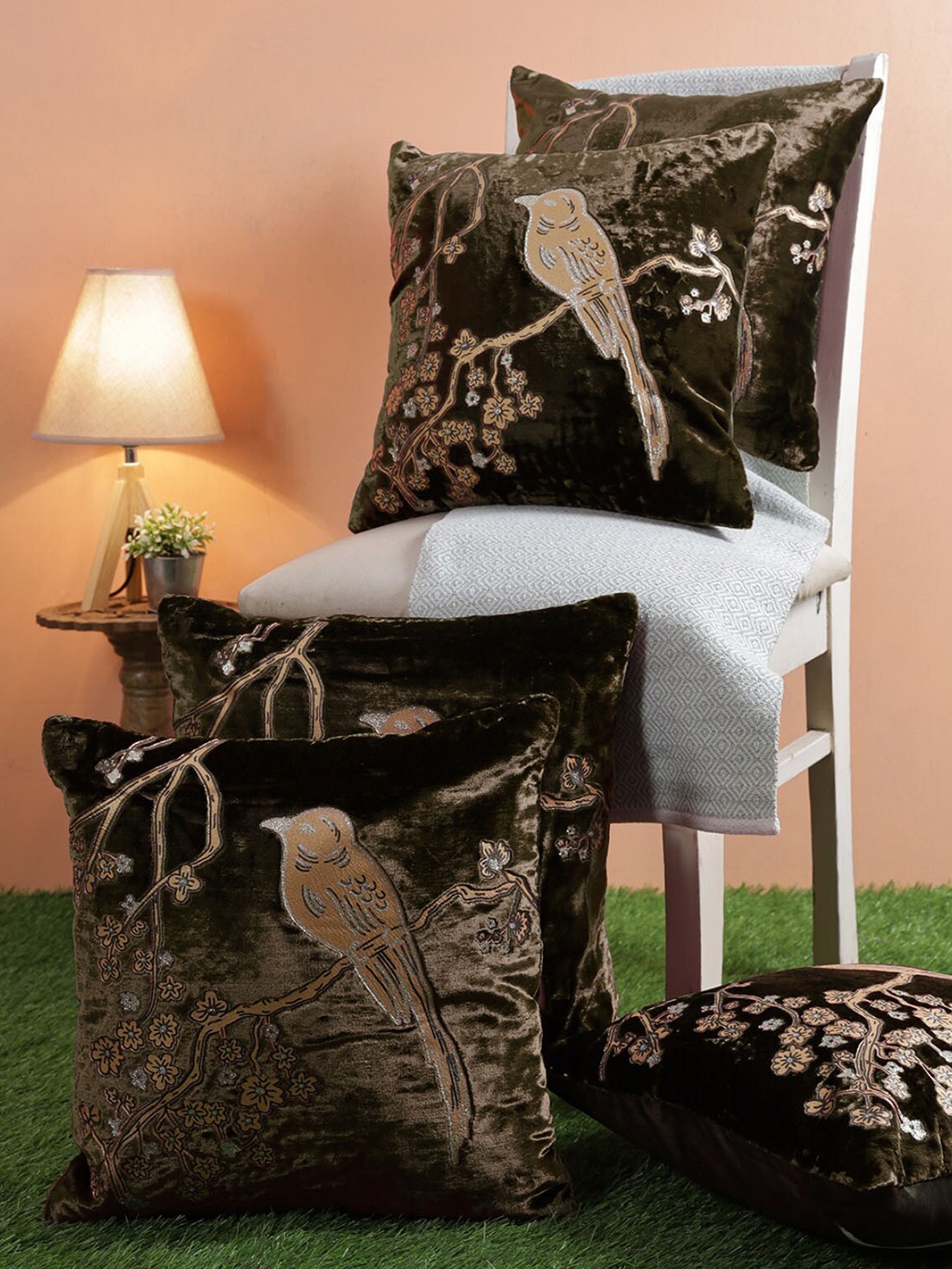

ROMEE Coffee Brown & Silver-Toned Set of 5 Velvet Square Cushion Covers