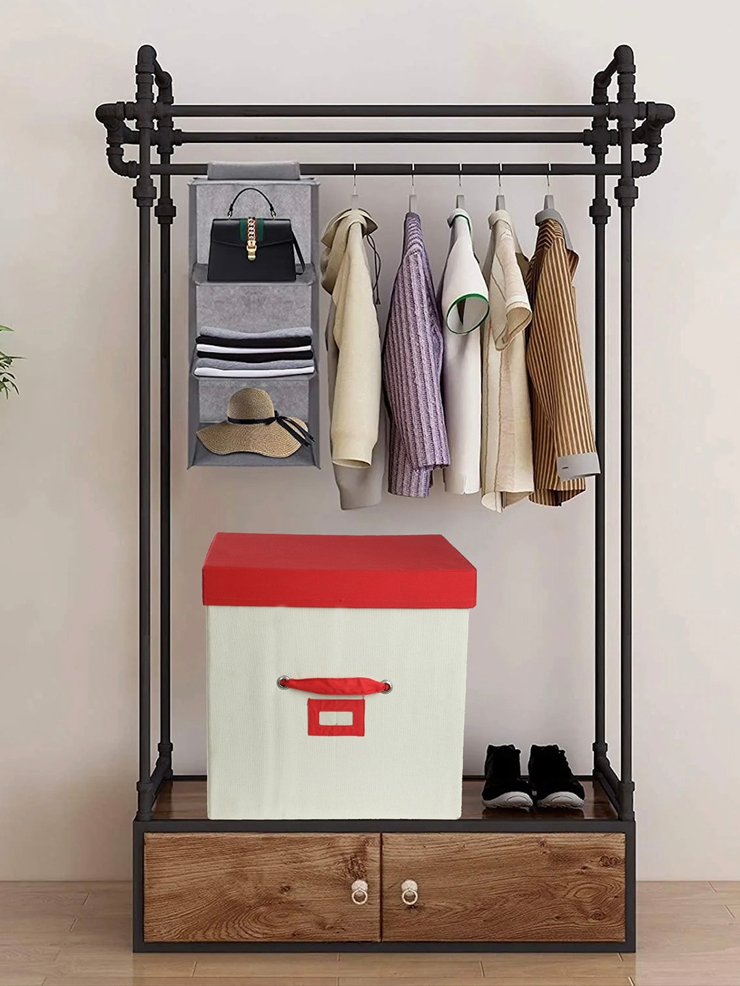 

My Gift Booth Kids Off White & Red Canvas Storage Box With Red Lid