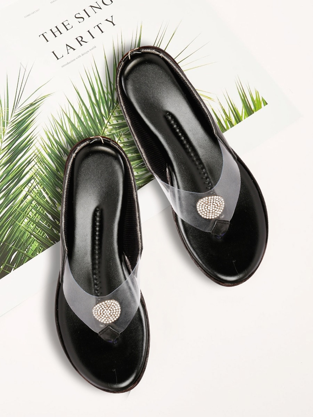 

sneakers villa Women Embellished T-Strap Flats, Black