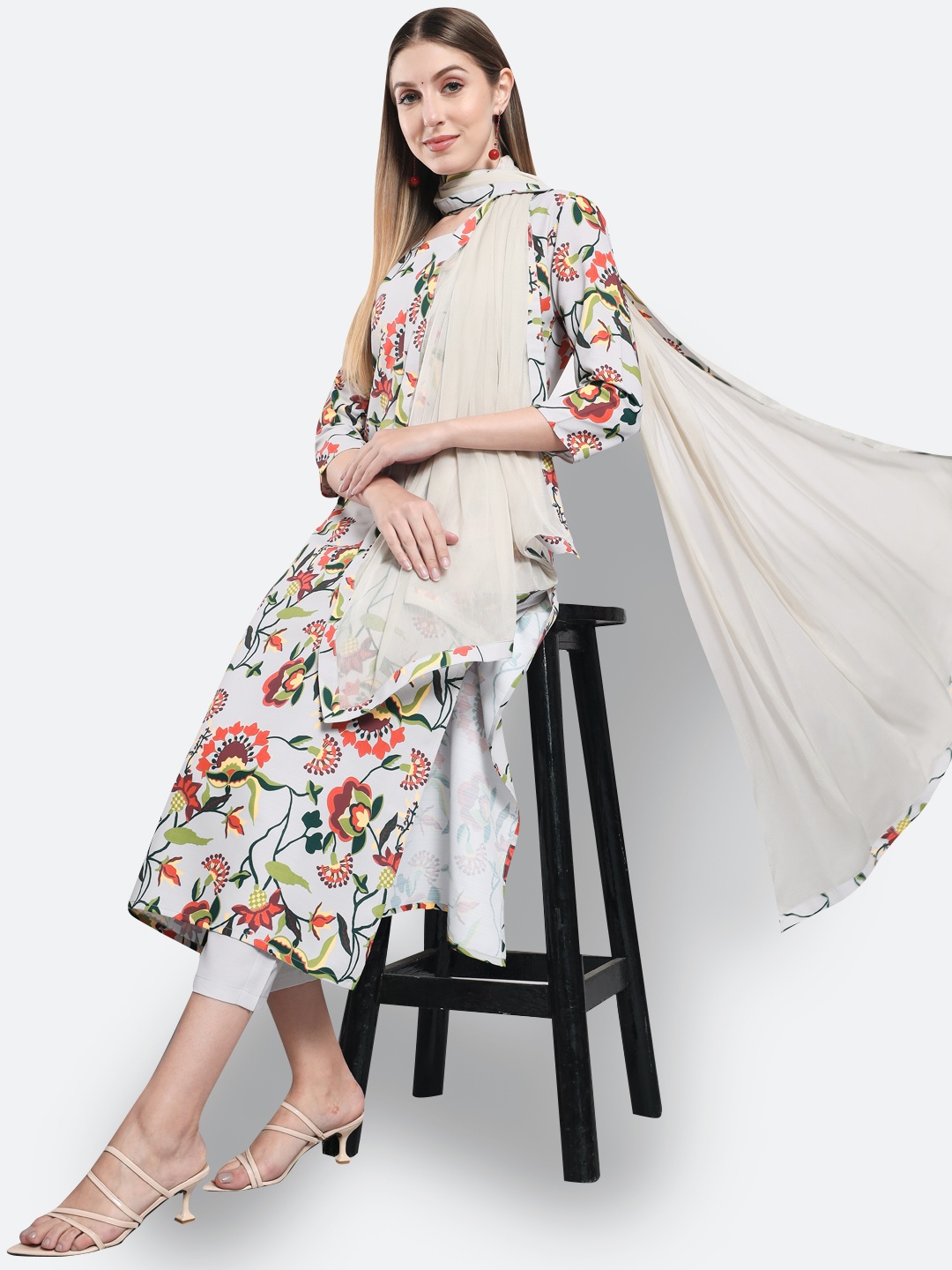 

KALINI Floral Printed Kurta with Trousers & With Dupatta, White