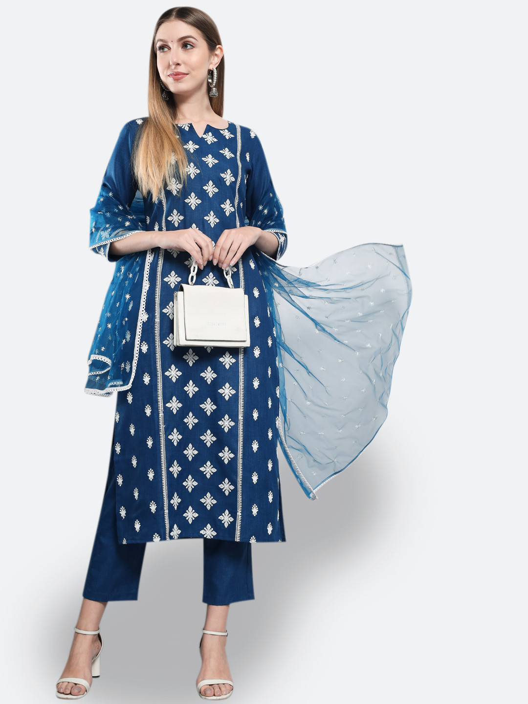 

KALINI Ethnic Motifs Printed Thread Work Kurta with Trousers & With Dupatta, Navy blue