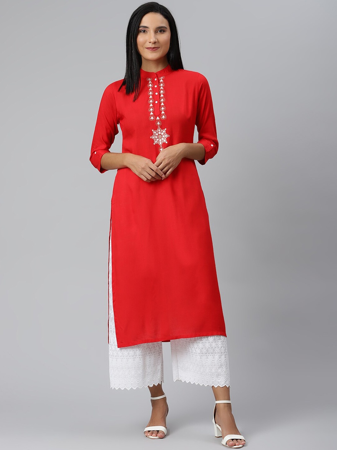 

Ives Thread Work Straight Regular Fit Kurta, Red