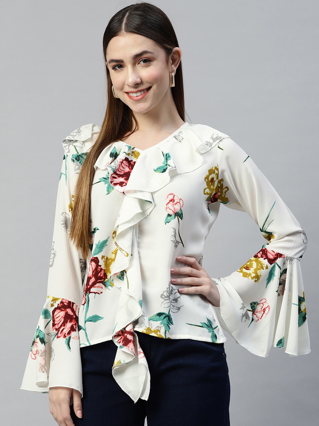 

Ives Floral Print Ruffles Crepe Top, Off white