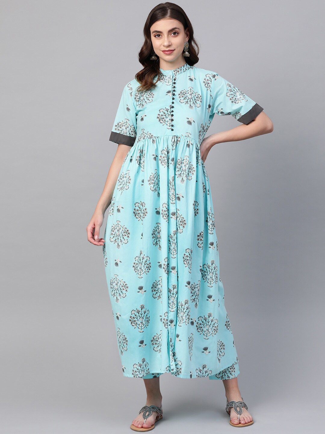 

Ives Ethnic Motifs Printed Pleated Kurta with Trousers, Blue