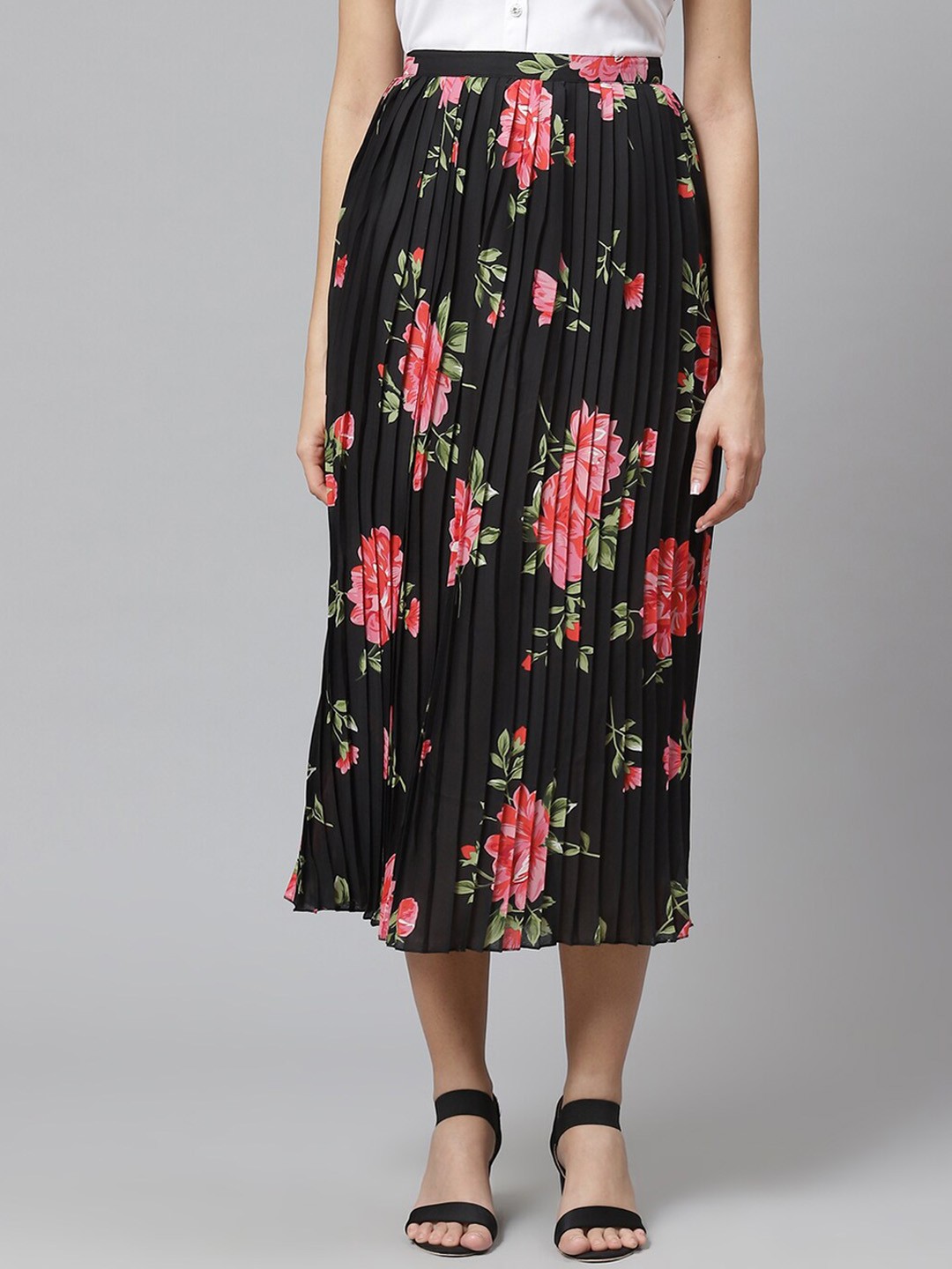 

Ives Printed Accordion Pleated Floral Printed Midi Skirts, Black
