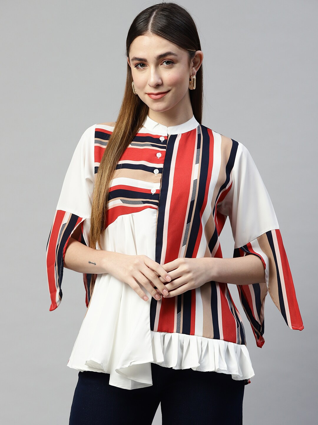 

Ives Striped Mandarin Collar Crepe Top, Off white