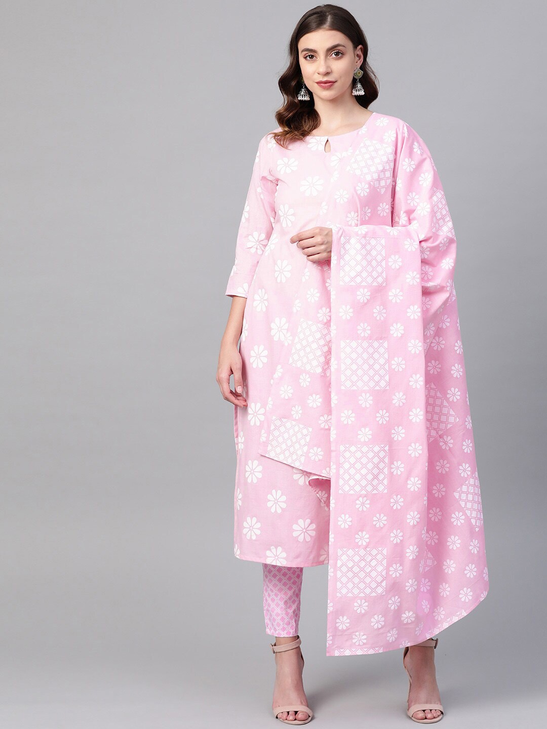 

Ives Floral Printed Pure Cotton Kurta with Trousers & With Dupatta, Pink