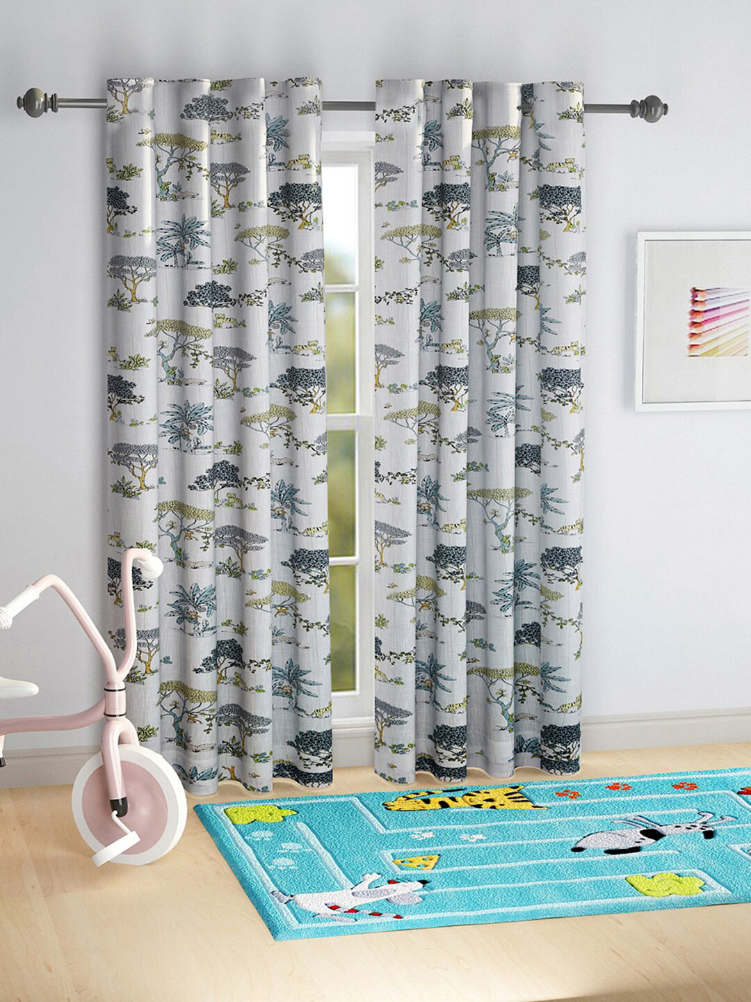 

Fabindia White & Teal Set of 2 Floral Long Door Curtain