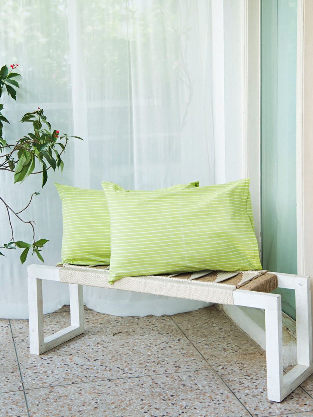 

Fabindia Green Set Of 2 Striped Cotton Pillow Covers