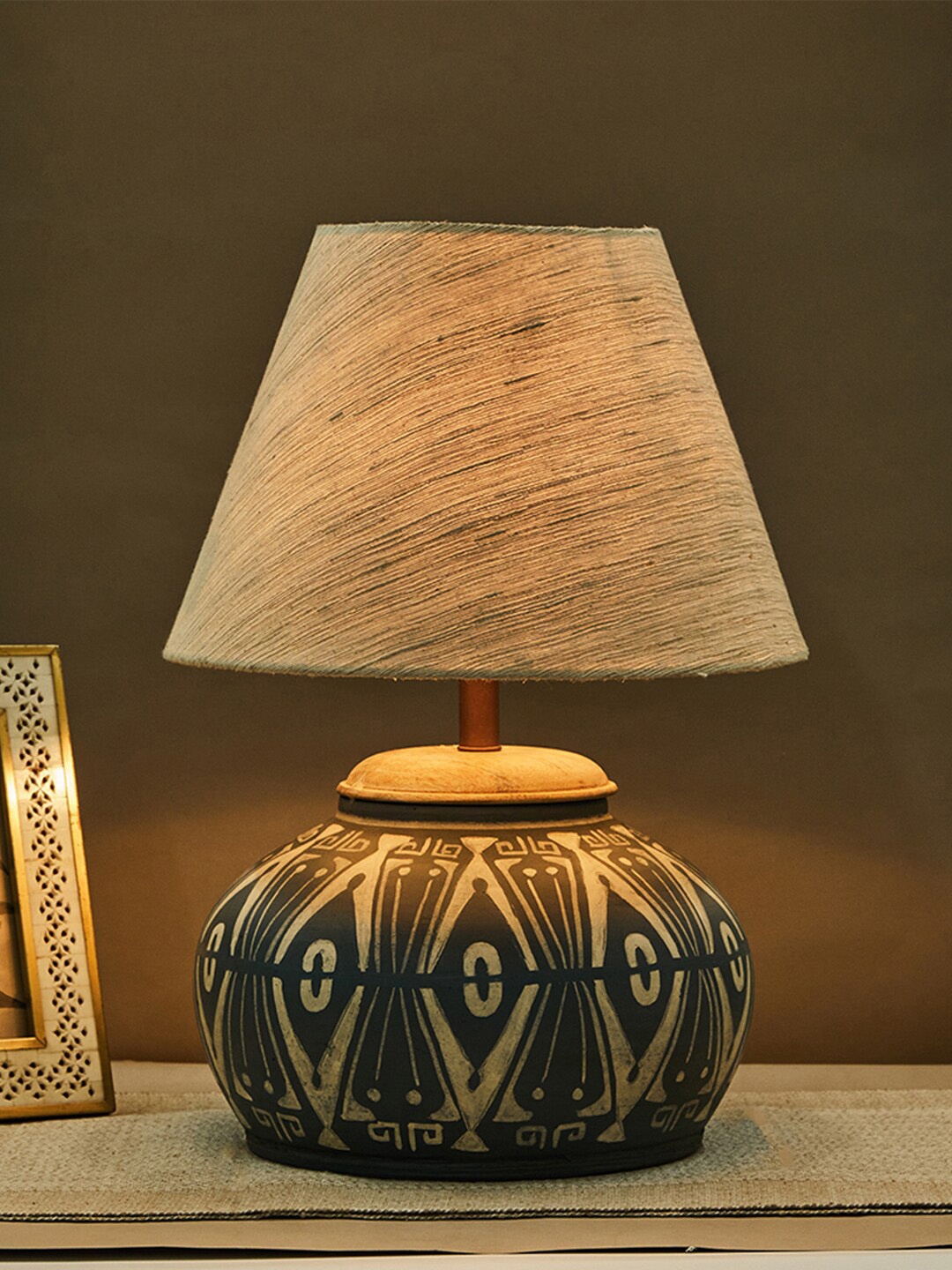 

Fabindia Advait Blue & Beige Printed Trerracota Table Lamp