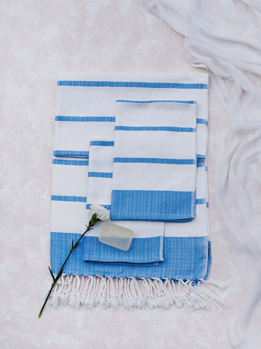 

Fabindia Set of 2 White & Blue Striped 260 GSM Kani Cotton Honeycomb Towel Set