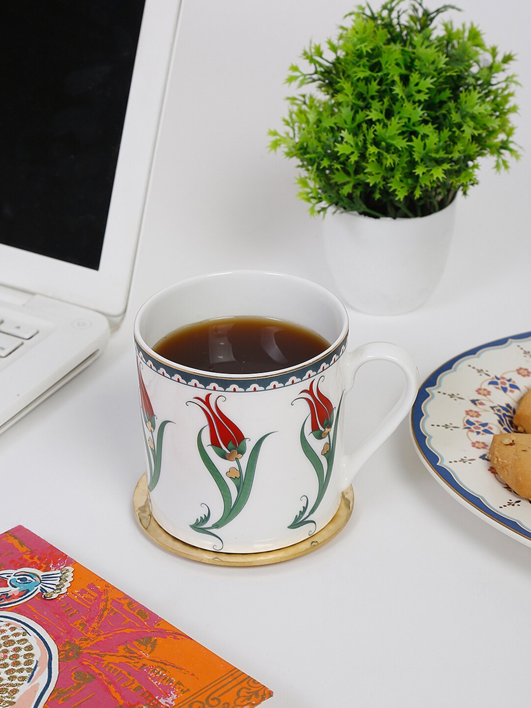 

Fabindia Avasa White & Red Floral Printed Bone China Glossy Set of Cup and Mug