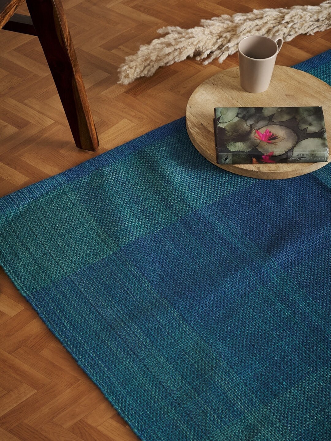 

Fabindia Symphony Teal Blue & Teal Green Checked Anti-Skid Dhurries
