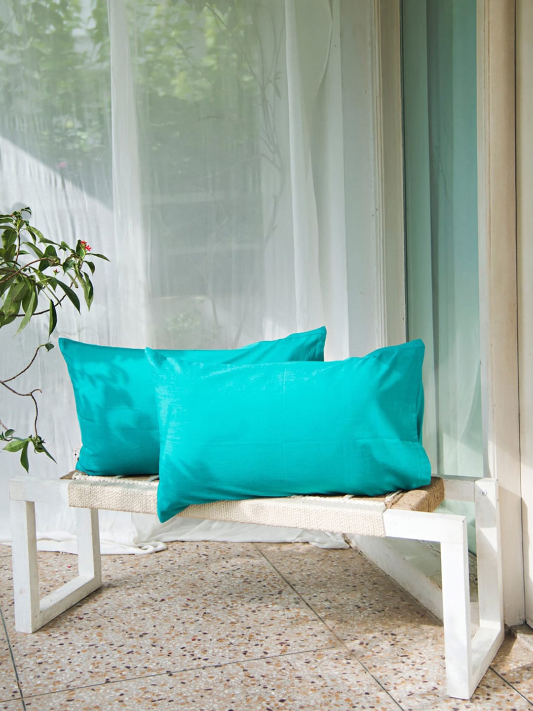 

Fabindia Set Of 2 Cotton Woven Pillow Covers, Turquoise blue