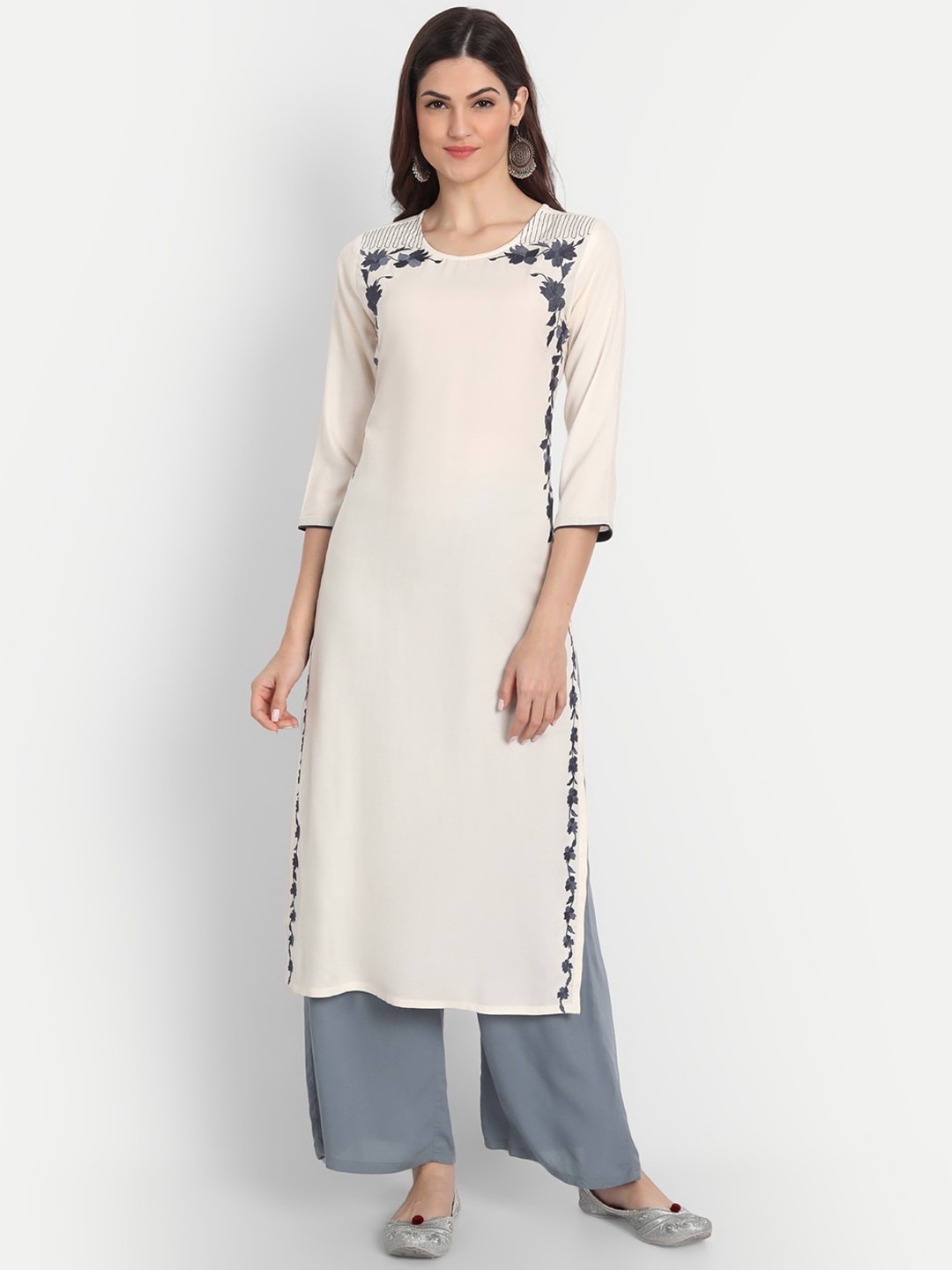 

fabGLOBAL Floral Printed Round Neck Kurta, Cream