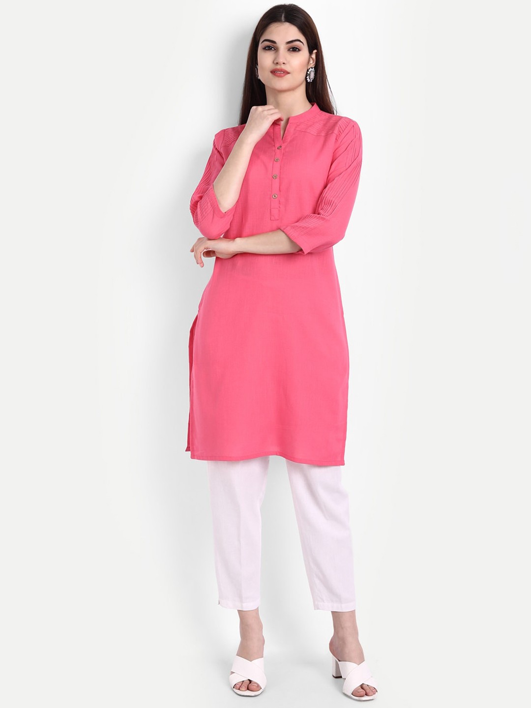 

fabGLOBAL Solid Mandarin Collar Cotton Kurta, Pink