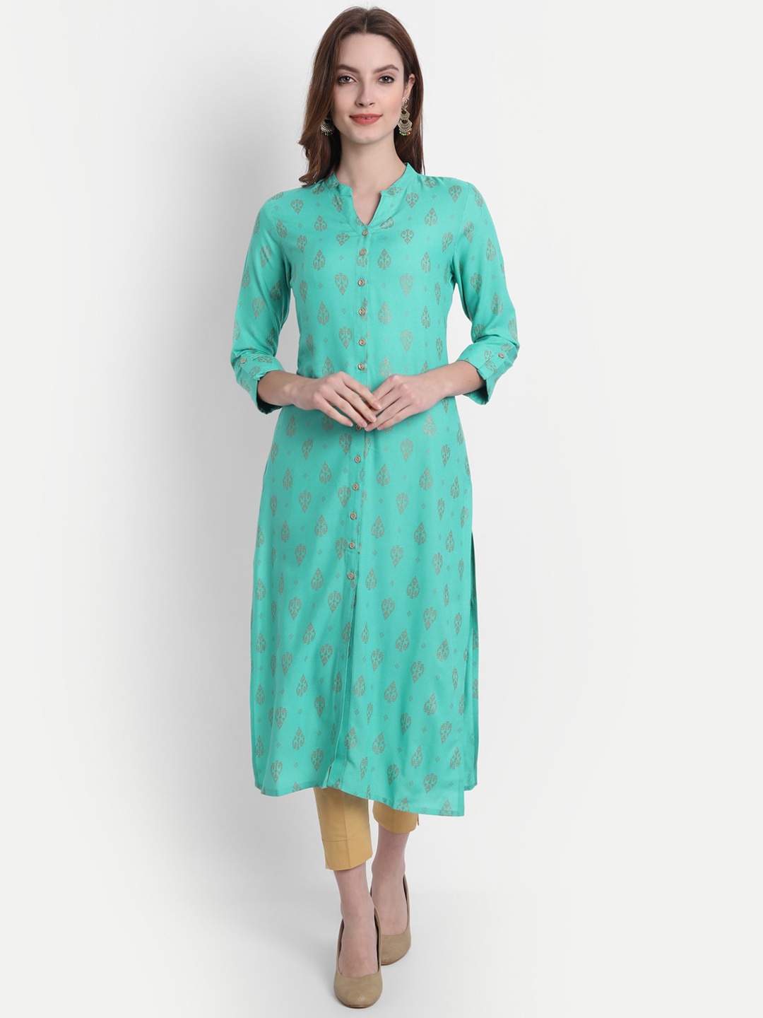 

fabGLOBAL Ethnic Motifs Printed Mandarin Collar Kurta, Blue