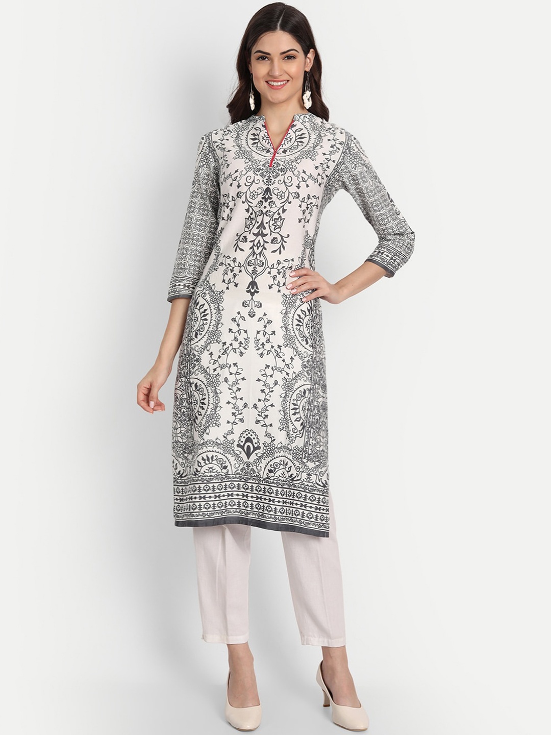 

fabGLOBAL Round Neck Ethnic Motifs Printed Cotton Kurta, Off white