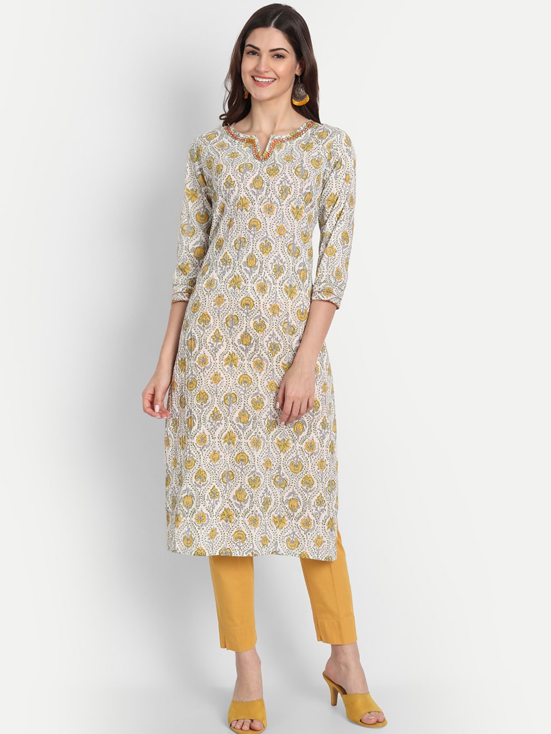 

fabGLOBAL Ethnic Motifs Printed Thread Work Kurta, Beige