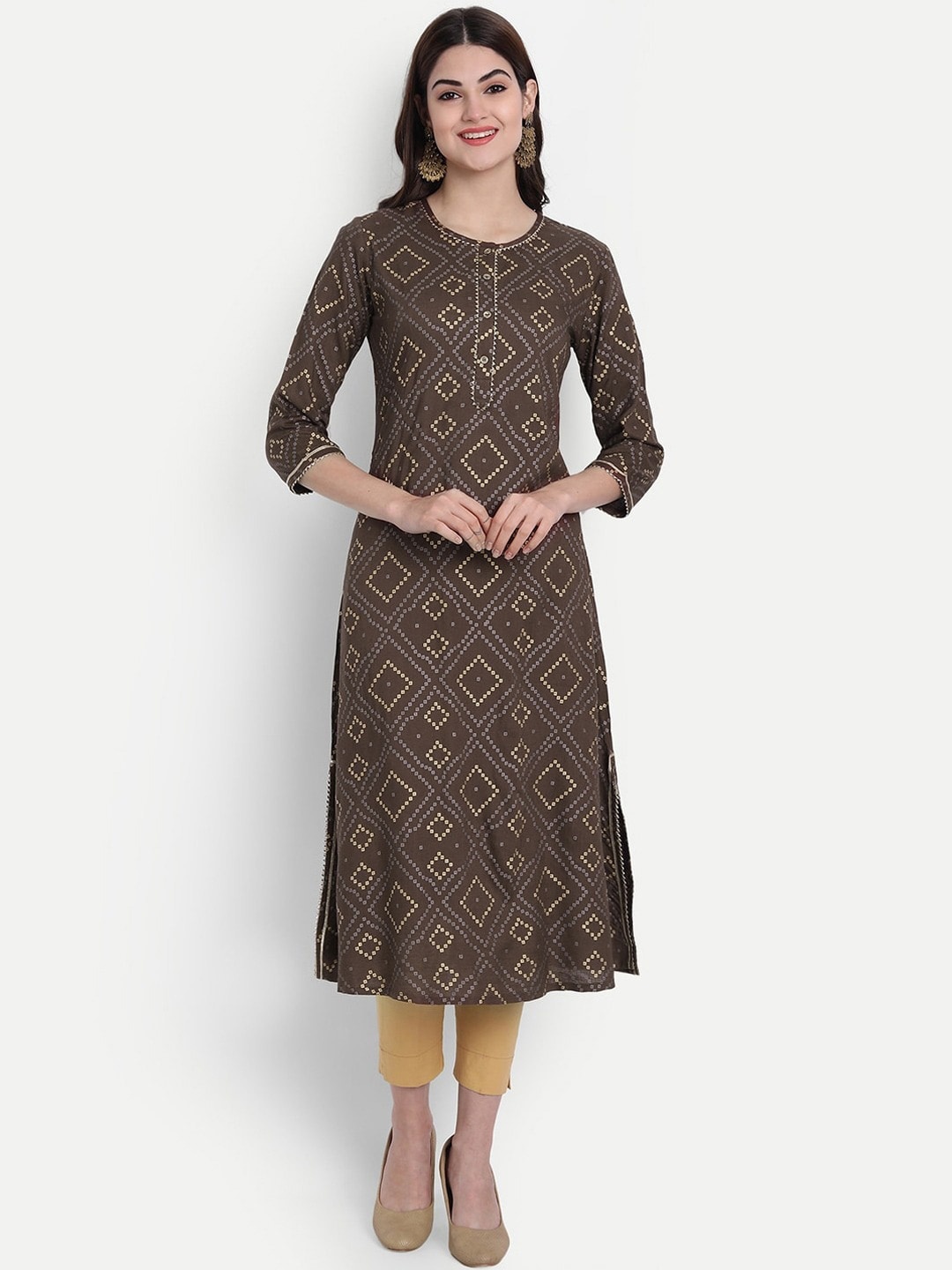 

fabGLOBAL Geometric Printed Gotta Patti A-Line Regular Kurta, Brown