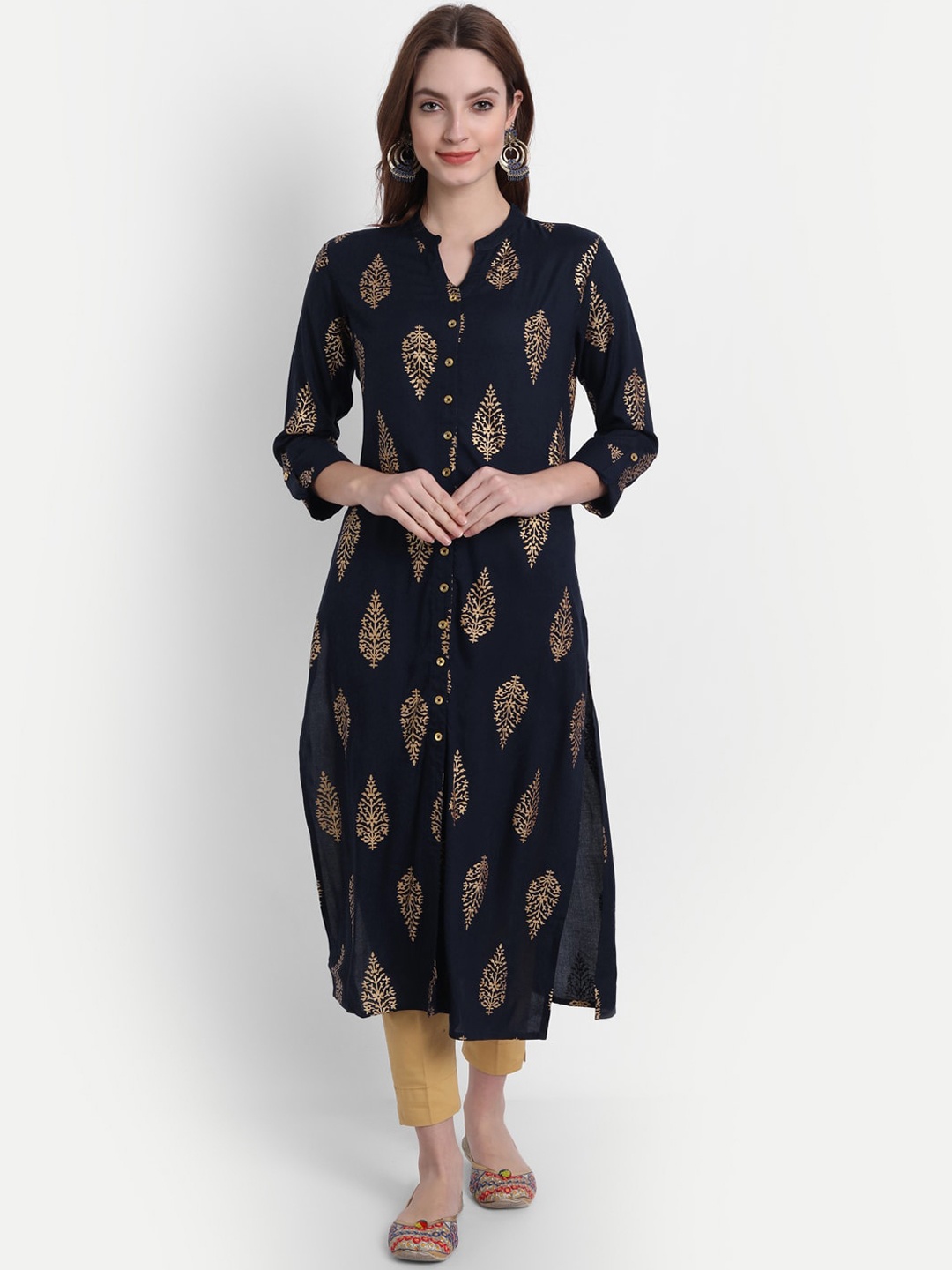 

fabGLOBAL Blue Ethnic Motifs Printed Kurta, Navy blue