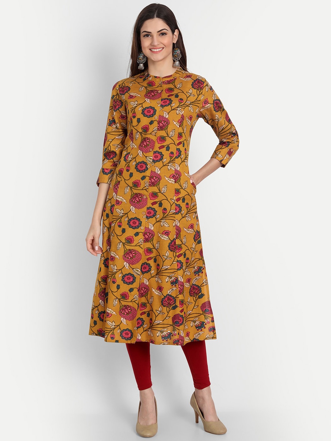 

fabGLOBAL Mandarin Collar Floral Printed Three-Quarter Sleeves A-Line Kurta, Mustard