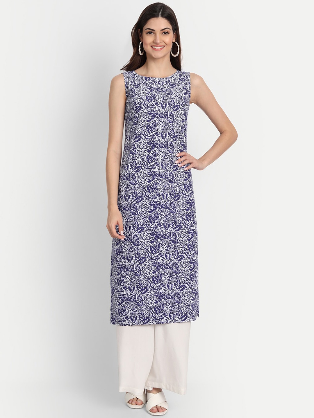 

fabGLOBAL Boat Neck Floral Printed Cotton Kurta, Blue