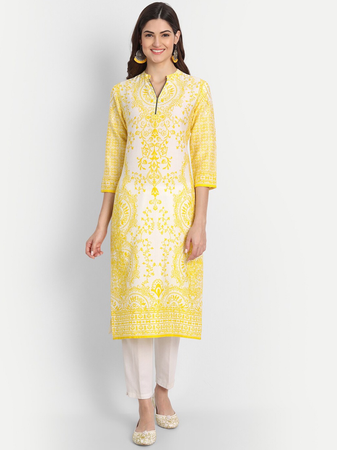 

fabGLOBAL Ethnic Motifs Printed Straight Regular Kurta, Yellow