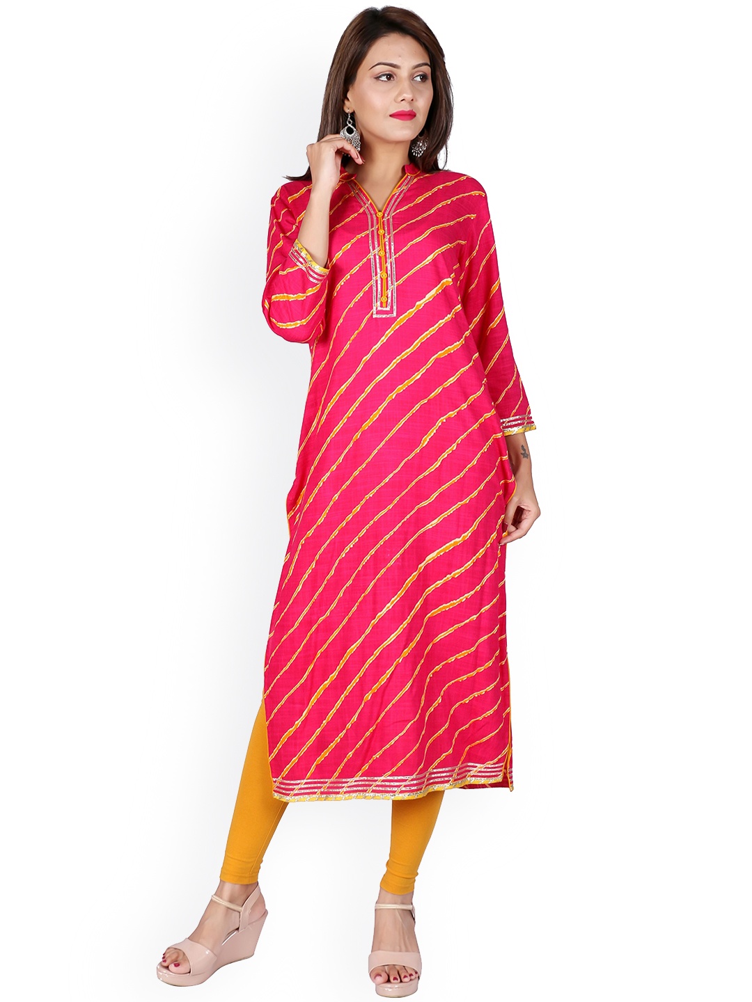 

fabGLOBAL Women Leheriya Printed Kurta, Fuchsia