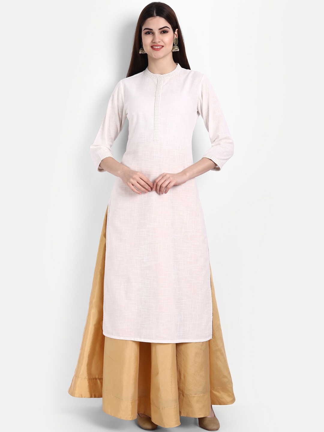 

fabGLOBAL Women Off White Band Collar Geometric Printed Cotton Straight Kurta