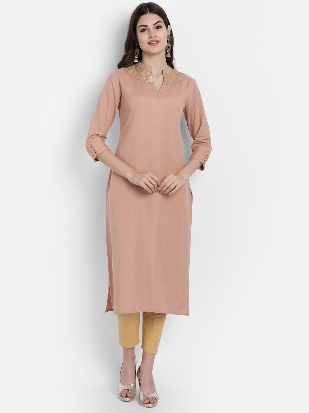 

fabGLOBAL Women Rose Mandarin Collar Straight Kurta