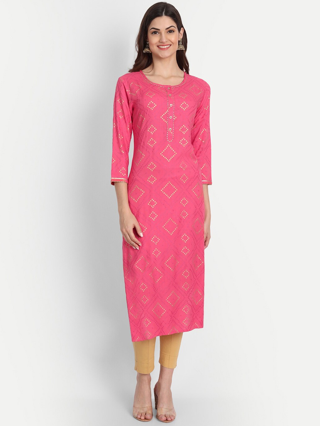 

fabGLOBAL Women Geometric Printed Kurta, Coral