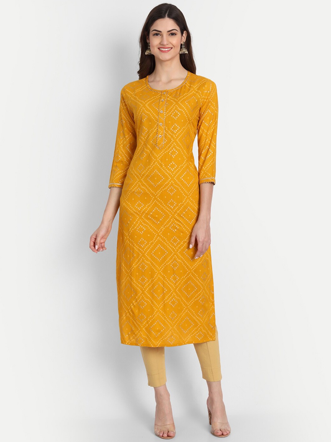 

fabGLOBAL Women Bandhani Printed Kurta, Mustard