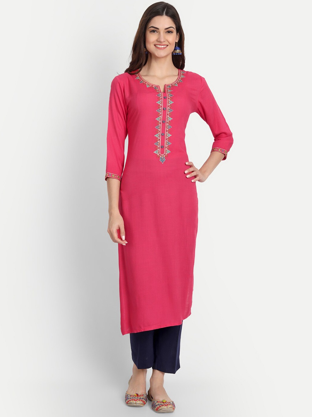 

fabGLOBAL Women Thread Work Kurta, Coral